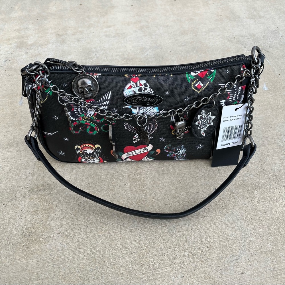 NWT Ed Hardy Black Tattoo-Print Crossbody with Chain Charms